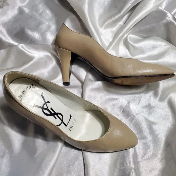 Vintage YSL beige tan thick high heel leather pumps SZ 5.5 - Picture 4 of 5